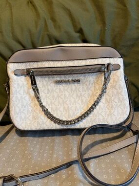 Michael Kors Beige and Grey MK Logo Crossbody with Chain Accent